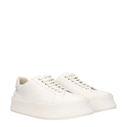 Jil Sander White Fabric Platform Sneakers with lace-up closure and 5 cm wedge rubber sole.