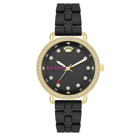 Juicy Couture Black Metal Dress Watch with golden case, black dial, and folding closure on black metal bracelet