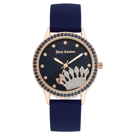 Juicy Couture Blue Synthetic Bracelet Watch with pink metal case and buckle closure, featuring a blue silicone bracelet and crown design dial.