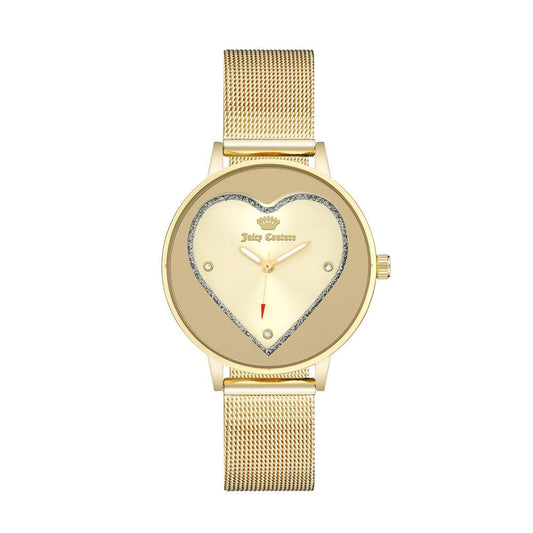 Juicy Couture Gold Stainless Steel Dress Watch with quartz mechanism, golden case and bracelet, beige dial, analog display.