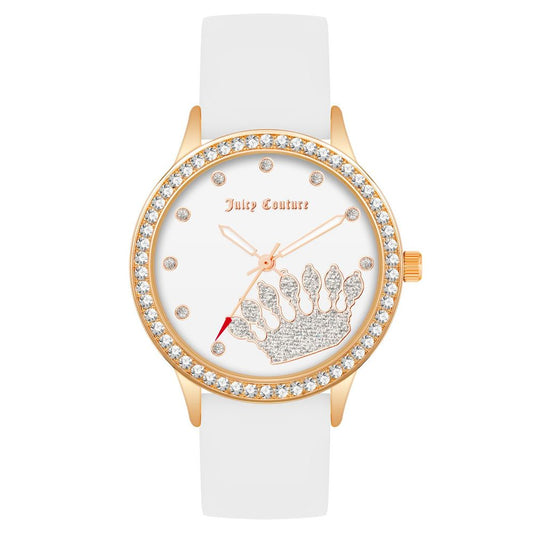 Juicy Couture White Synthetic Dress Watch with pink metal case, white silicone strap, and quartz analog display featuring a crown design.