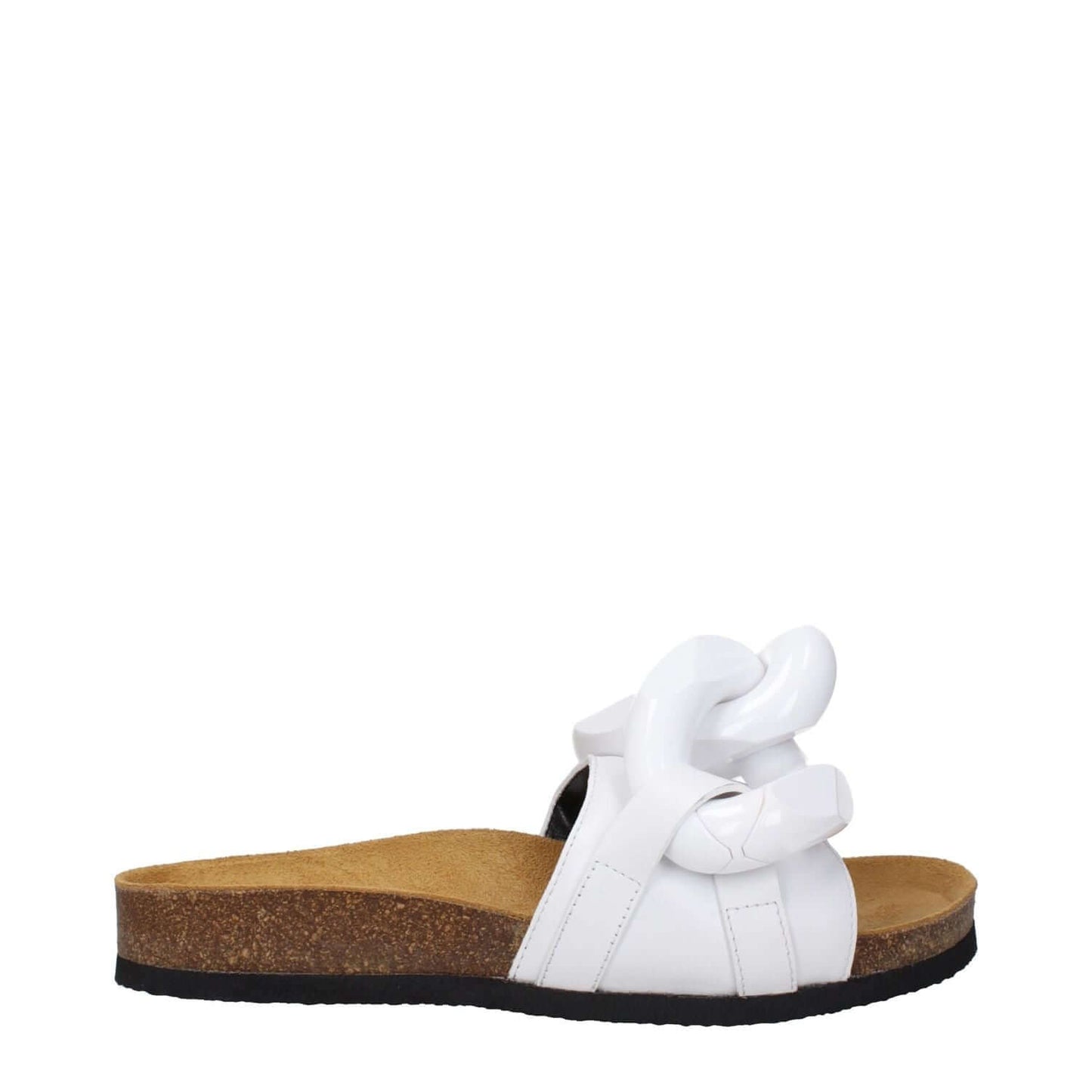 Jw Anderson White Leather Slippers with front detail, casual leather design, open toe, low flat heel construction, rubber sole.