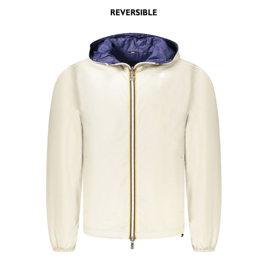 K-WAY Beige Nylon Men's Jacket with reversible design, showing beige exterior and blue interior, featuring a waterproof hood and zip details.