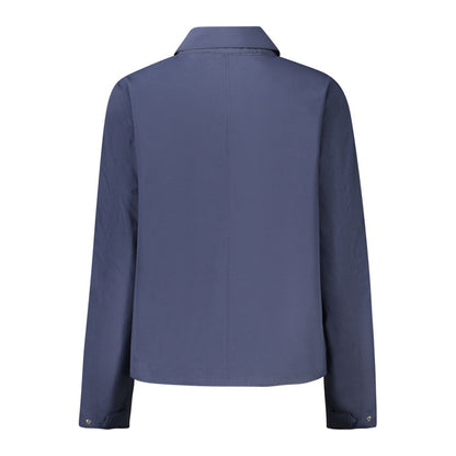 Back view of K-WAY Blue Polyester Women Jacket with long sleeves and button detail.