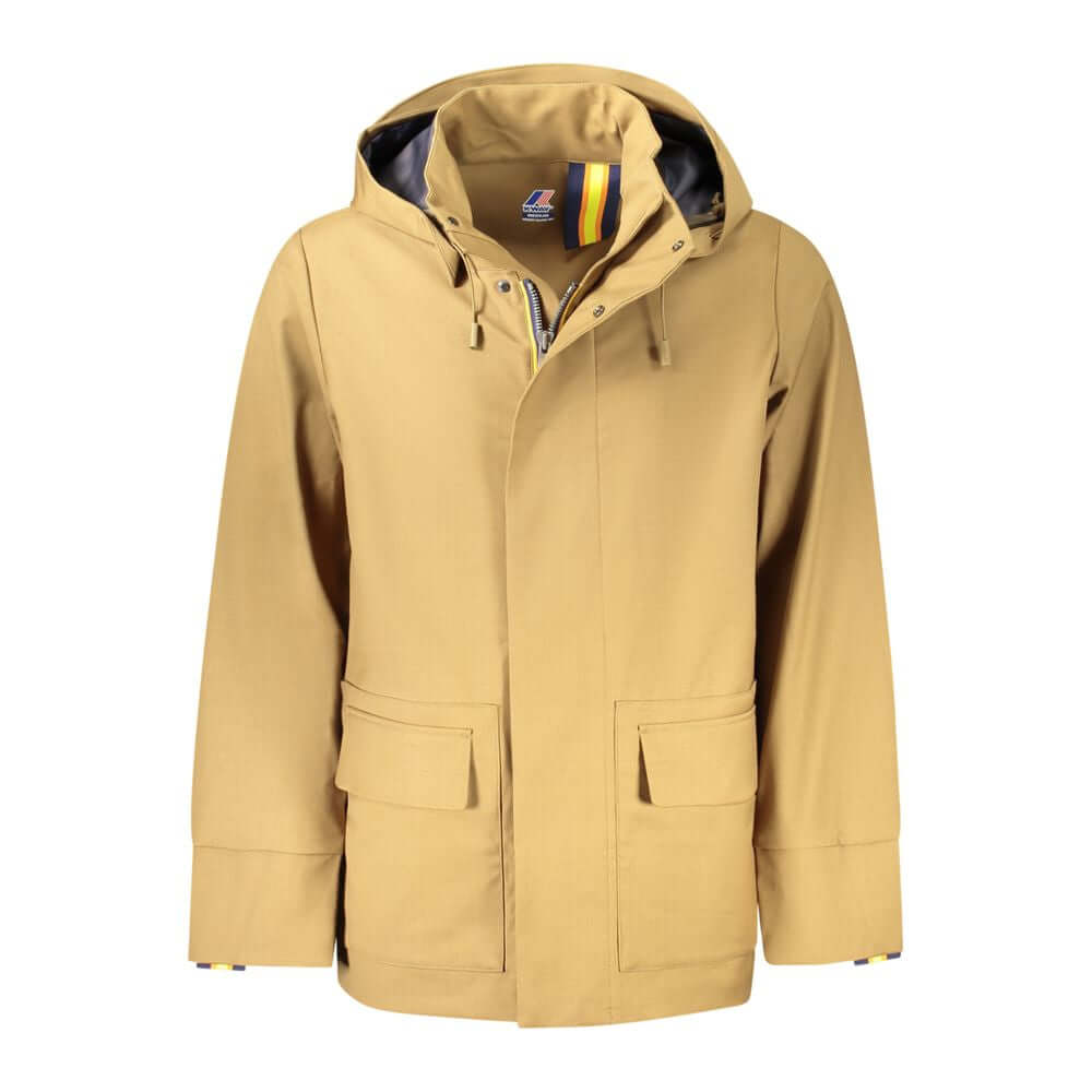 Yellow hooded rain jacket with logo and pockets.