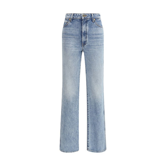 Khaite Light Blue Cotton High-Waisted Jean with straight silhouette and five-pocket pattern, front view on white background.