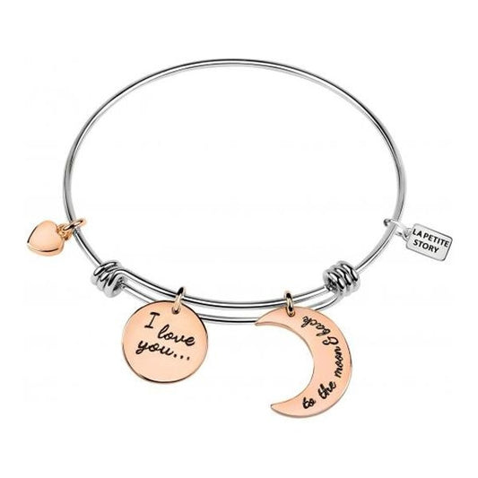 Gold and silver bracelet with charms by LA PETITE STORY JEWELRY Mod. LPS05APZ07, featuring a heart and moon design with engraved message.