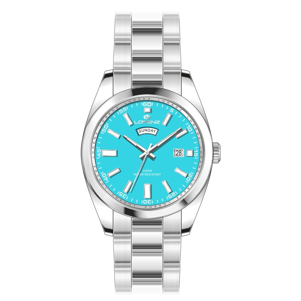 LORENZ MOD. 26208EE silver stainless steel wristwatch with quartz movement, 42mm case, mineral dial, and water resistant up to 10 ATM.