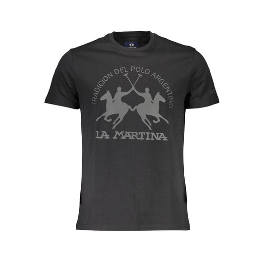 La Martina Black Cotton Men T-Shirt with logo and bold print, crafted from Turkish cotton, perfect for casual style and comfort.