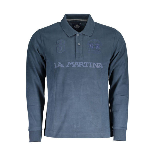 La Martina Blue Cotton Men Polo Shirt with dynamic print and embroidery, long sleeve design for sporty sophistication.