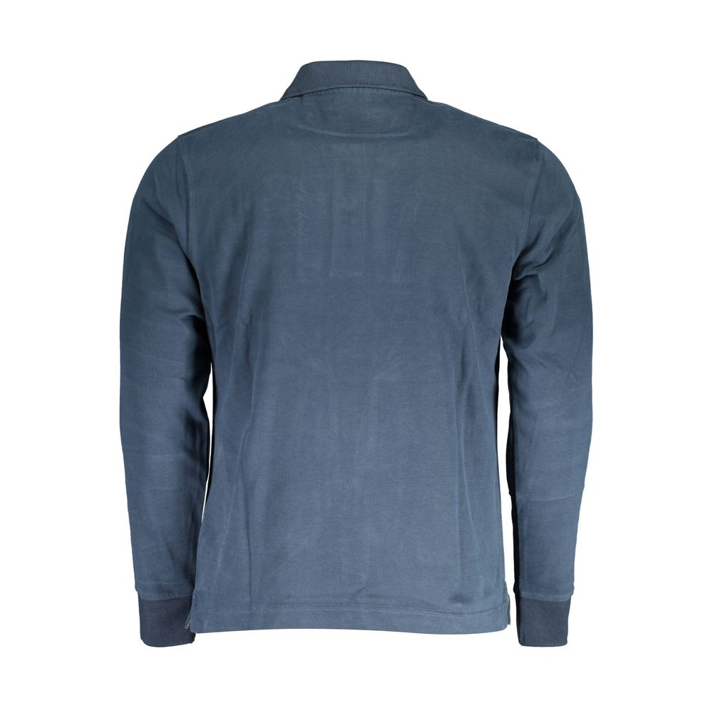 Back view of La Martina Blue Cotton Men Polo Shirt showcasing long sleeves and classic design.