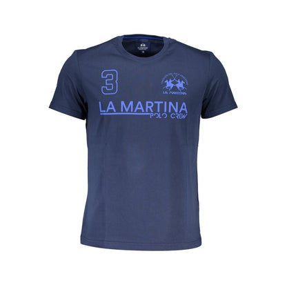 La Martina Blue Cotton Men T-Shirt with logo and print on navy background.