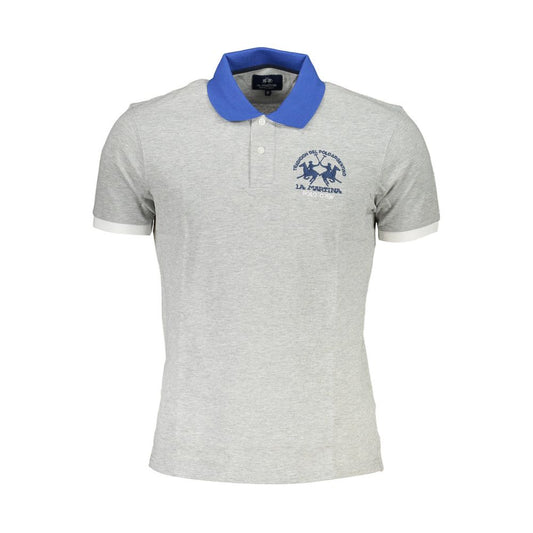 La Martina Brown Cotton Men Polo Shirt with blue collar, featuring short sleeves and embroidered logo.