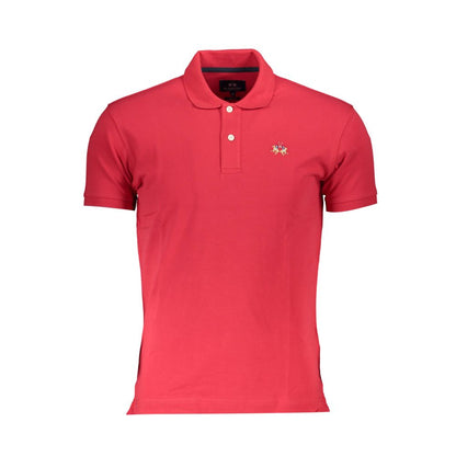 La Martina Red Cotton Men Polo Shirt with short sleeves and classic logo embroidery for elegant style.
