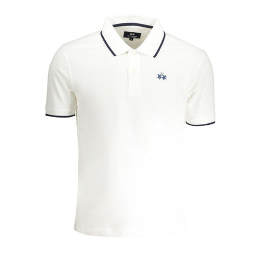 La Martina White Cotton Men Polo Shirt with short sleeves and iconic embroidery, featuring contrasting details and a two-button placket.
