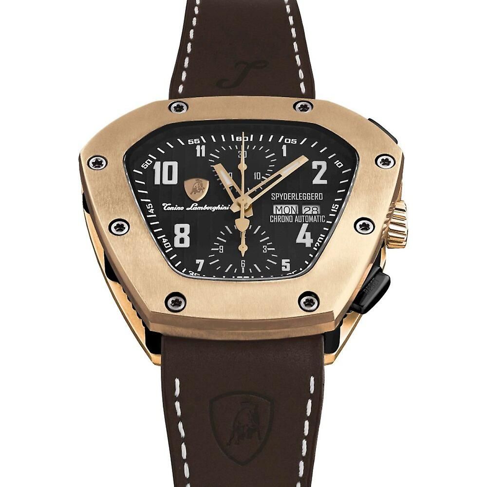 Lamborghini Black Leather Dress Watch with titanium case, black dial, and automatic mechanism, showcasing luxury design.