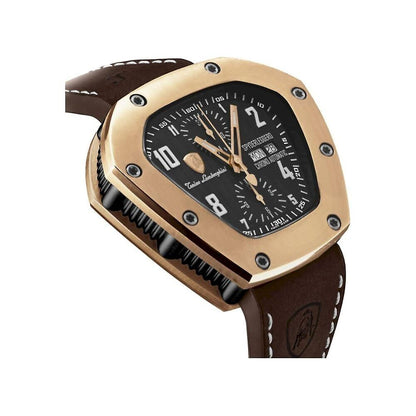 Lamborghini Black Leather Dress Watch with titanium case, black dial, and pink gold accents, automatic movement, sapphire crystal, 10ATM water resistance.