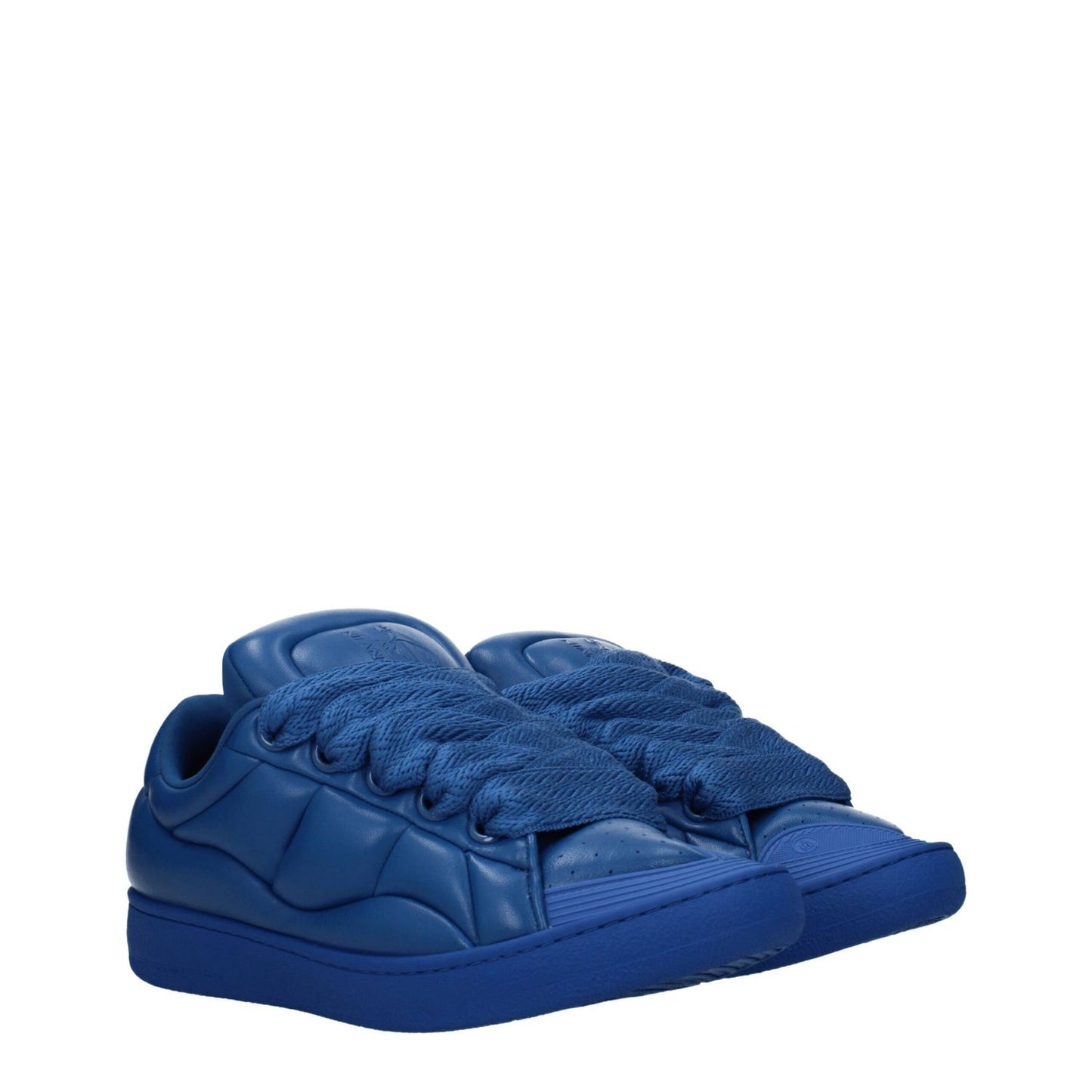 Lanvin Blue Leather Low Top Sneakers with front and back logos, lace-up closure, rubber sole, and round toe design. MPN: FMSKDK0CNAPA2020