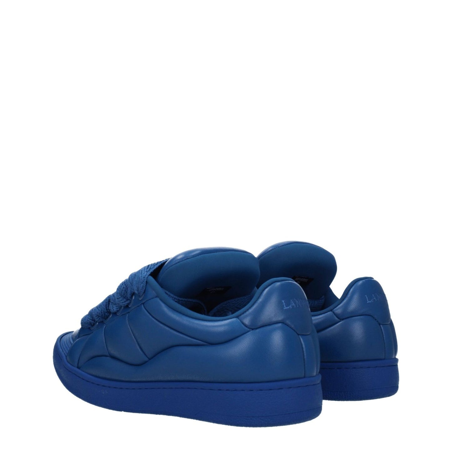 Lanvin Blue Leather Low Top Sneakers with round toe and front logo, shown from the back.