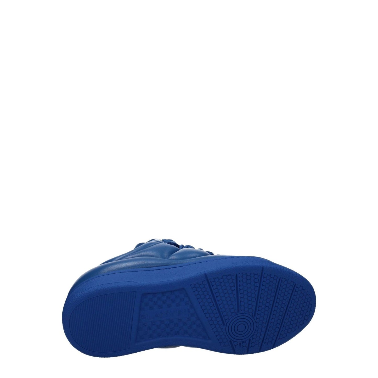Lanvin Blue Leather Low Top Sneakers with rubber sole and lace-up closure, featuring front and back logos, round toe design.