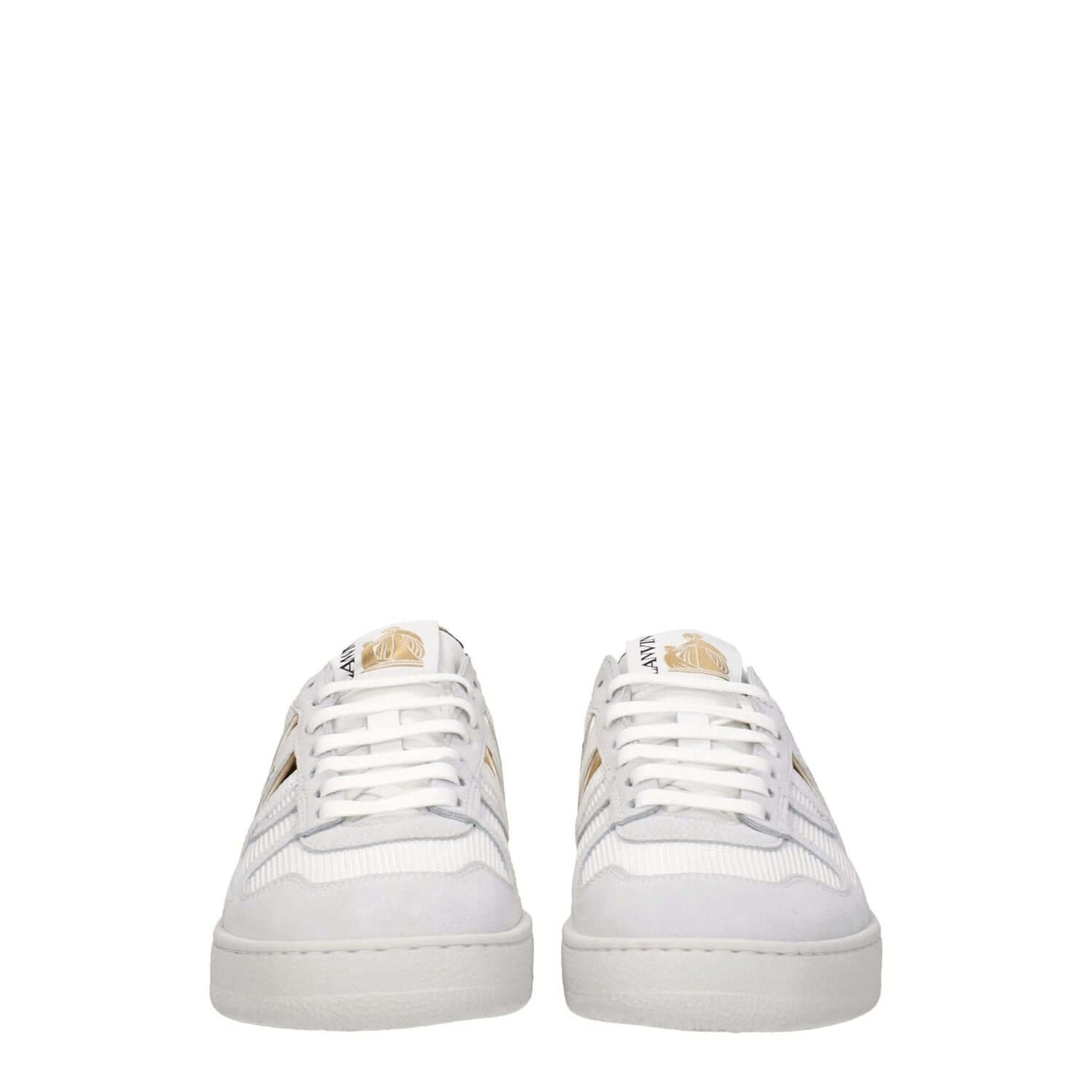 Lanvin White Fabric Low Top Sneakers with front and back logo, lace-up closure, gold accents, and a rubber sole.