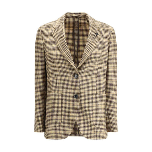 Lardini Beige Wool Blazer with houndstooth pattern, single-breasted closure, classic lapel, and iconic pin brooch, AW25 fashion.