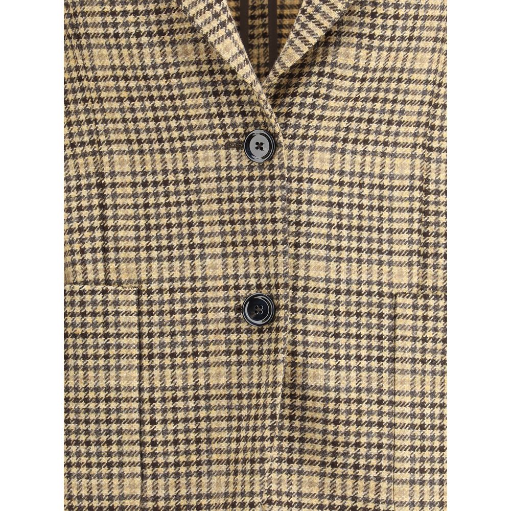 Close-up of Lardini Beige Wool Blazer showing houndstooth pattern and button closure, elegant design for timeless style.