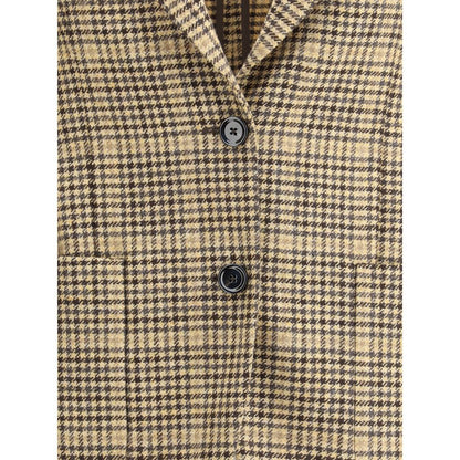 Close-up of Lardini Beige Wool Blazer showing houndstooth pattern and button closure, elegant design for timeless style.