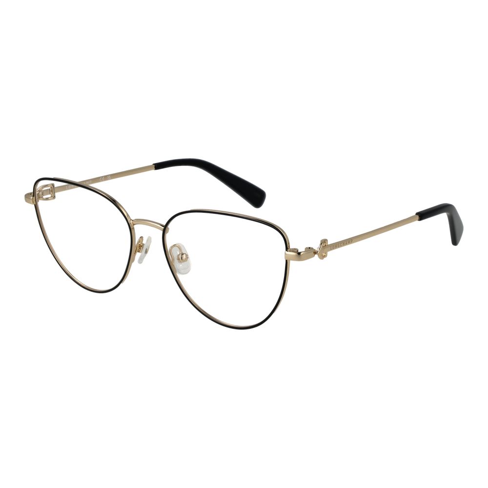 Longchamp Black Women Glasses Frame, black metal full-rim butterfly style with demo lenses, size 54-16-140, includes branded case.