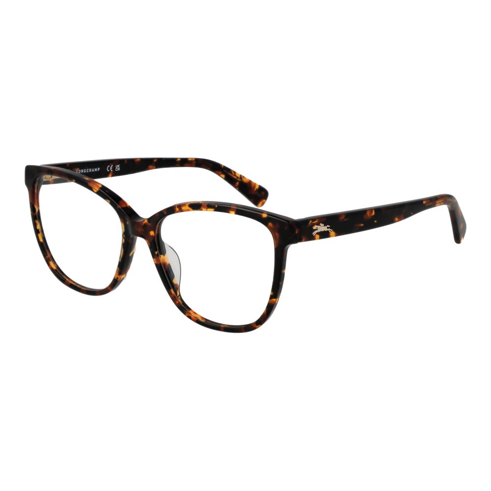 Longchamp Brown Women Glasses Frame with acetate full-rim butterfly style, demo plastic lenses, 53-15-140 size with branded case.