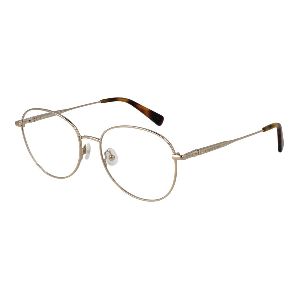 Longchamp Gold Women Glasses Frame with full-rim metal design, demo lenses, and panto style, featuring spring hinges for comfort.