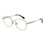 Longchamp Gold Women Glasses Frame with full-rim metal design, demo lenses, and panto style, featuring spring hinges for comfort.