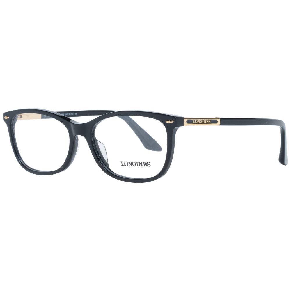 Longines Black Women Glasses Frame in full-rim square style with plastic lenses and frame; includes branded case, size 54-16-140.