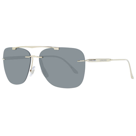 Longines Gold Men Sunglass with metal frame and grey lenses, aviator style. Includes branded case. 100% UVA & UVB protection. Rimless design.