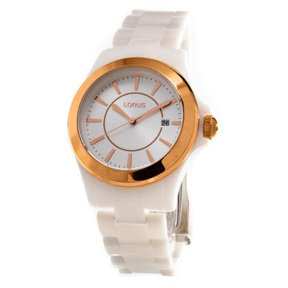 Lorus White Plastic Dress Watch with a gold-accented analogue quartz dial and white plastic bracelet, elegant and stylish design for formal wear.