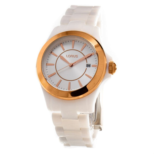 Lorus White Plastic Dress Watch with a gold-accented analogue quartz dial and white plastic bracelet, elegant and stylish design for formal wear.