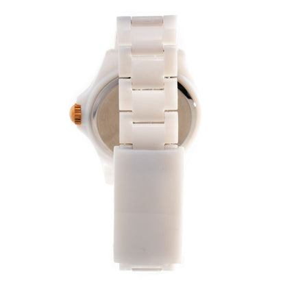 Back view of Lorus White Plastic Dress Watch with white plastic bracelet and quartz mechanism.
