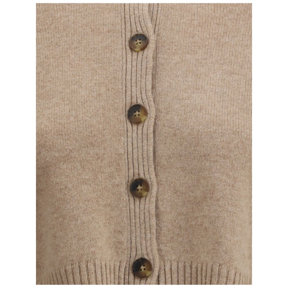 Close-up of Loulou De Saison Beige Cashmere Cardigan with button closure and ribbed detailing, perfect for casual and polished outfits.