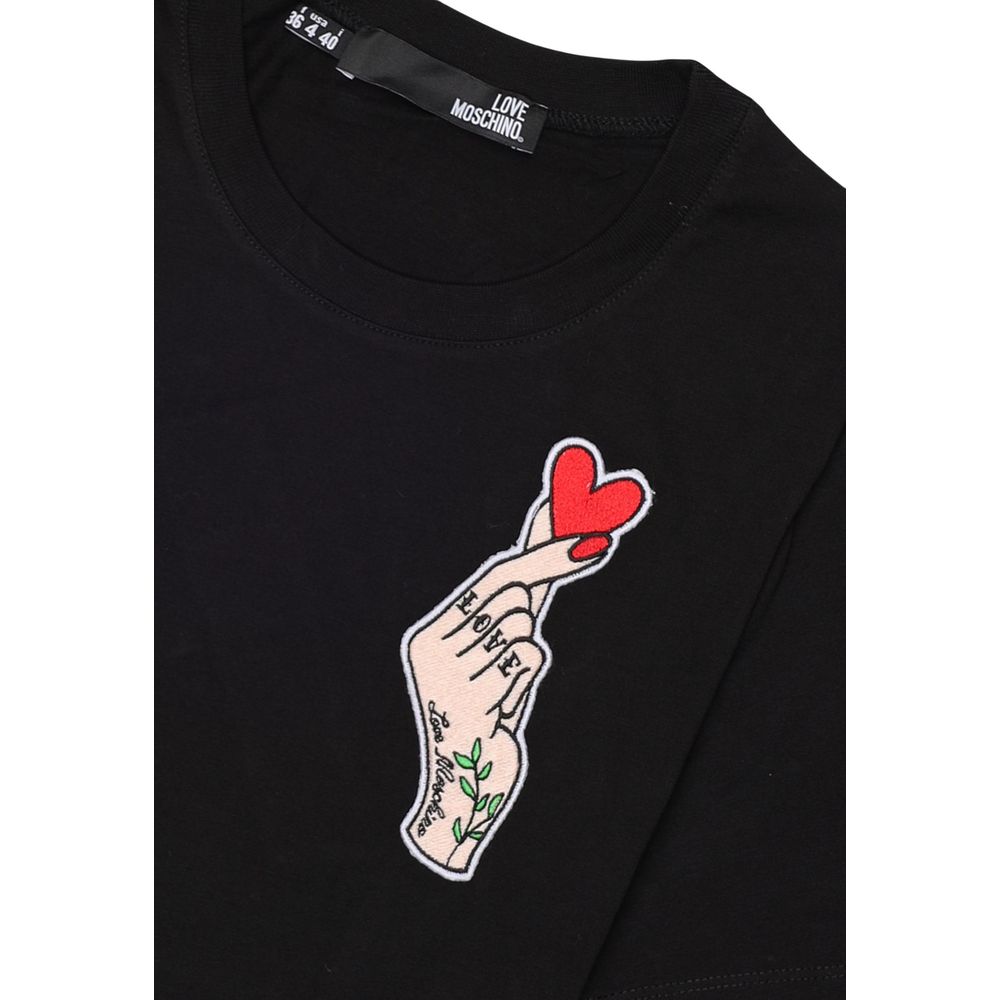 Love Moschino Black Cotton T-Shirt with hand and heart embroidery design