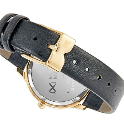 Black leather strap detail of MARK MADDOX - NEW COLLECTION Mod. MC7103-07 watch with gold buckle, quartz movement, and multifunction case.