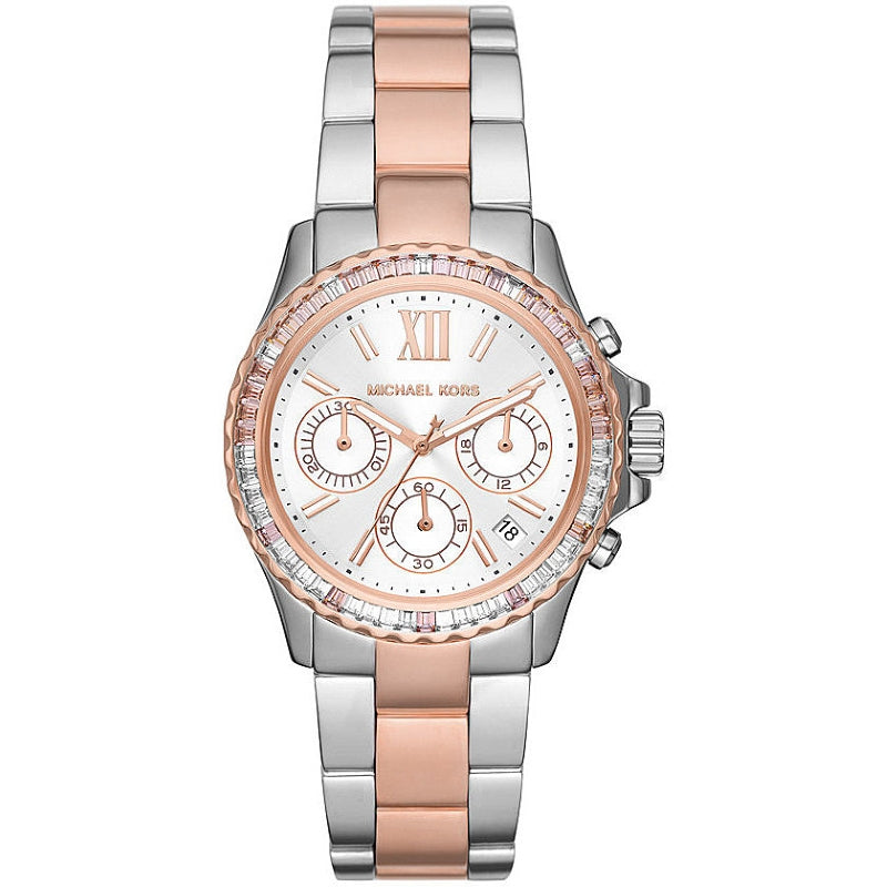 MICHAEL KORS Mod. EVEREST wristwatch featuring rose gold and stainless steel chronograph, 36mm case, lady's quartz, 5 ATM water resistant.