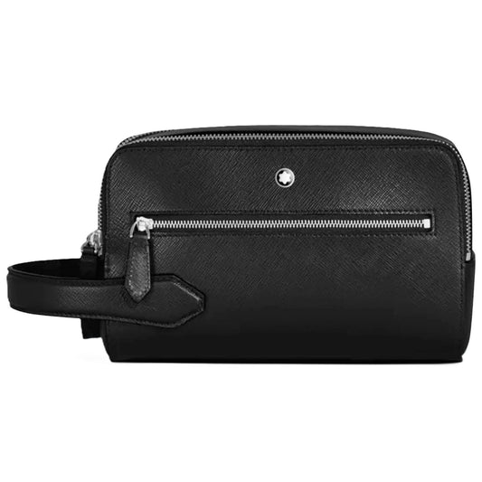 Elegant unisex purse in black leather, MONTBLANC LEATHER Mod. TROUSSE SARTORIAL, with silver zipper and official box packaging.
