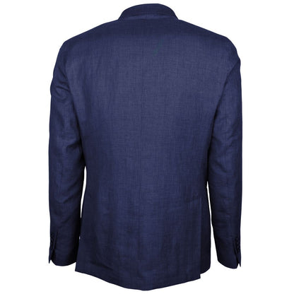 Back view of Made in Italy Blue Linen Blazer with peaked lapels and double-breasted design. Loro Piana Fabric.