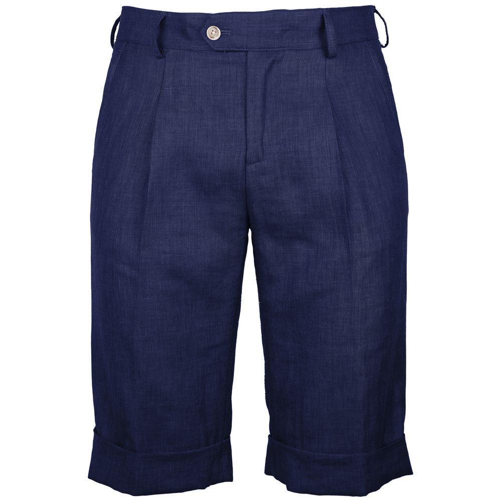 Made in Italy Blue Linen Short with wool blend, navy color, featuring darts, 4 pockets, button and zip fastening by Loro Piana.