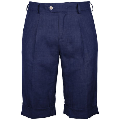 Made in Italy Blue Linen Short with wool blend, navy color, featuring darts, 4 pockets, button and zip fastening by Loro Piana.