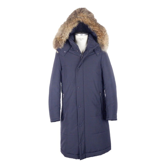 Made in Italy Blue Wool Men's Raincoat with fur-lined hood, showcasing luxury Italian craftsmanship and style.