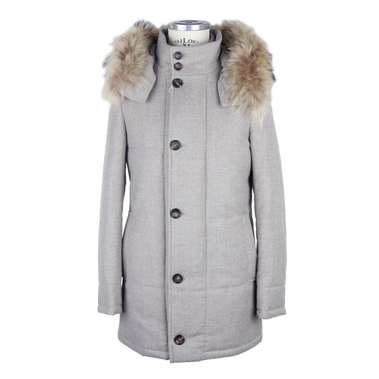 Stylish Made in Italy gray wool men jacket with fur-lined hood, showcasing luxury and elegance.