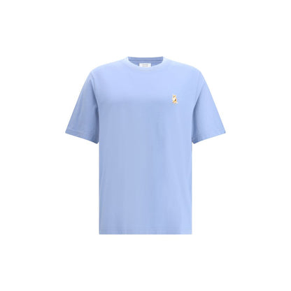 Maison Kitsuné Light Blue Cotton T-Shirt featuring embroidered Standing Fox emblem on chest, short sleeves, and ribbed crew neck.