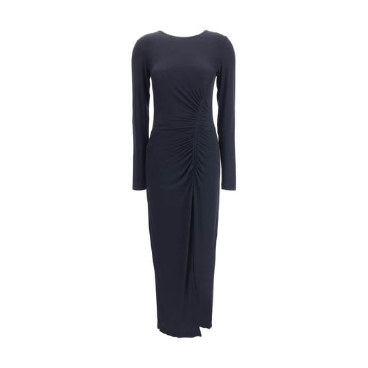 Marant Etoile Black Modal Casual Dress with elegant draping, long sleeves, and front slit, perfect for AW25 season.