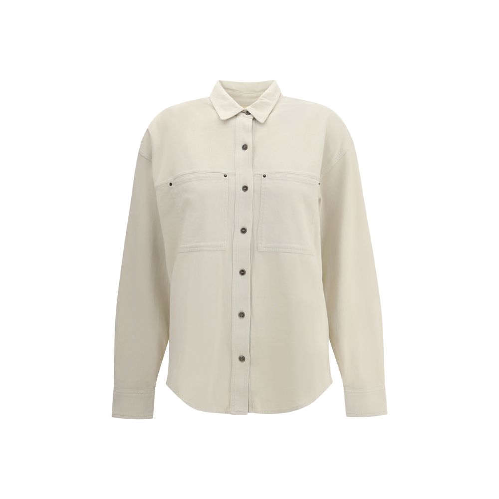 Marant Etoile White Cotton Dress Shirt with classic collar and button closure, featuring two front patch pockets for casual-chic style.